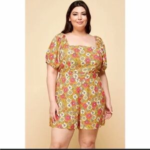 Yellow Floral Criss Cross Back Puff Sleeve Romper